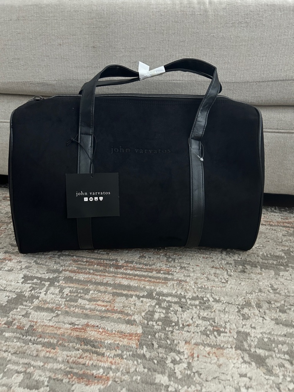 John Varvatos Black Suede Duffel with Leather Trim New